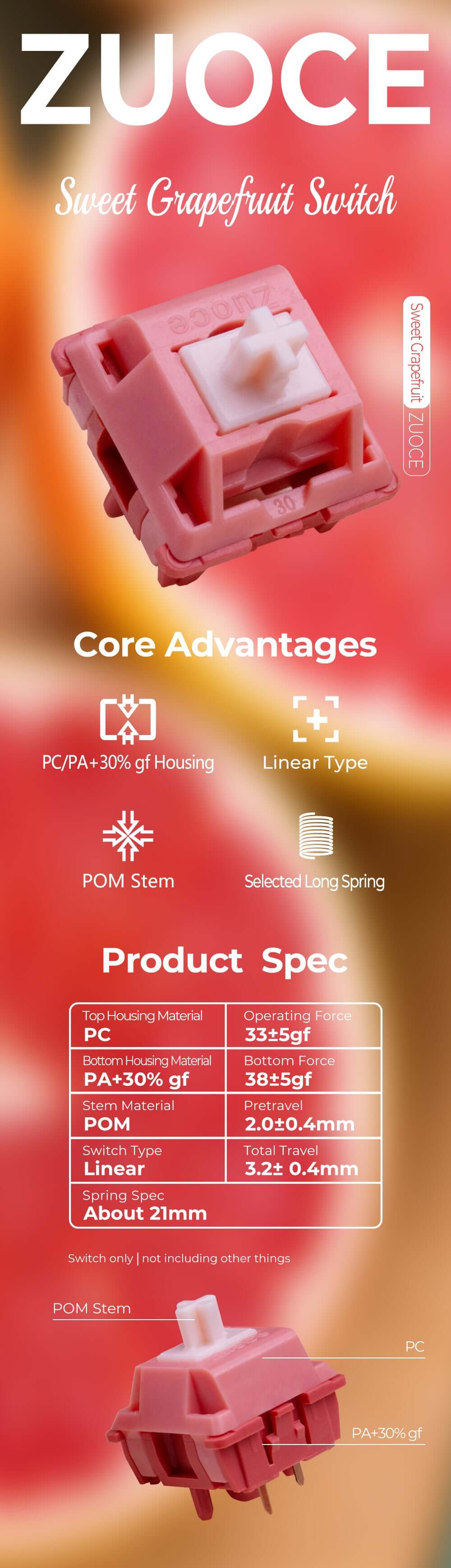 Zuoce Sweet Grapefruit Linear Switches 10-Pack